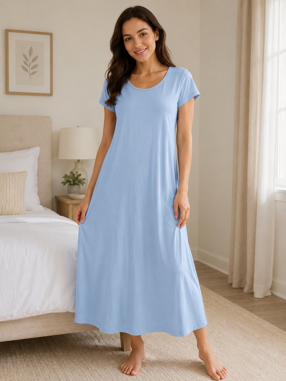 Lands' End Light Blue Short-Sleeve Maxi Nightgown